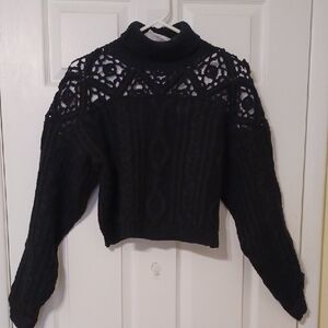 One Step Up Sz S, Cotton Blend, Crocheted, Cable Knit Black Turtleneck Sweater.